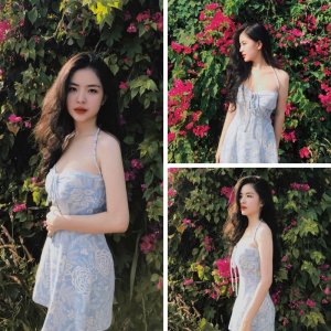 Đầm xanh nền hoa khoen cúp ngực váy nữ đi tiệc cổ yếm phong cách thời trang-4