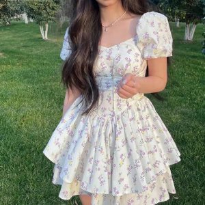 Thời trang in thời cổ vuông váy tay ngắn, váy công chúa ngắn mùa hè-5