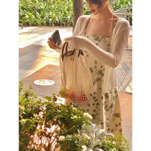 2022 Phụ nữ mùa hè hoa Sling Dress Midi Skirt + Cardigan chống nắng dài tay váy-5