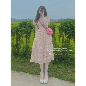 [Hàng thiết kế ] Váy voan hoa nhí vintage tay ngắn bồng xếp ly dài maxi ly ngực tiểu thư sang chảnh-4