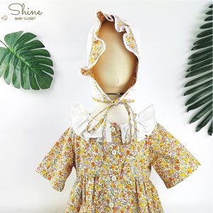 Set váy hoa cho bé gái Shine Baby Closet kèm nón bonet kiểu dáng vintage đáng yêu với họa tiết hoa nhí màu vàng-5