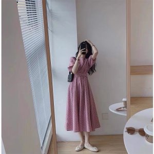 Váy tim ulzzang dáng dài cổ tròn voan tơ - Đầm hoa nhí Vintage Vaytimhong-5