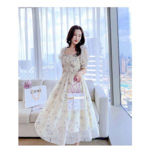 Pháp mực váy voan tay phồng tay áo eo thon gọn phụ nữ tính khí váy hoa-3