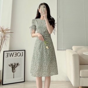 Váy hoa nhí 2 lớp nhún eo cổ tròn ngắn tay bóp eo hack dáng tôn da chất liệu tơ dệt thoáng mát thiết kế EvaLover-2