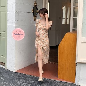 Đầm hoa nhí vintage xẻ tà cho nữ bánh bèo, váy tiểu thư bẹt vai rút dây phong cách ulzzang đi tiệc đi chơi siêu xinh-7