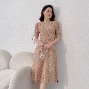 Váy hoa nhí 2 lớp nhún eo cổ tròn ngắn tay bóp eo hack dáng tôn da chất liệu tơ dệt thoáng mát thiết kế EvaLover-7