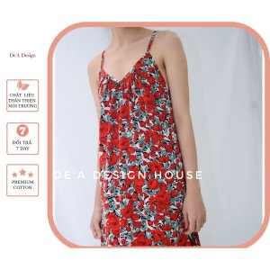 Váy hoa xếp li cổ chữ V chất liệu thoáng mát hình thật__Hàng thiết kế DeA Design House-1