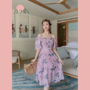 Váy hoa thiết kế Zumin cổ vuông/trễ vai chất liệu vải voan tơ 2 lớp cao cấp, váy đi biển, maxi đi biển ZMS-VAY07-7