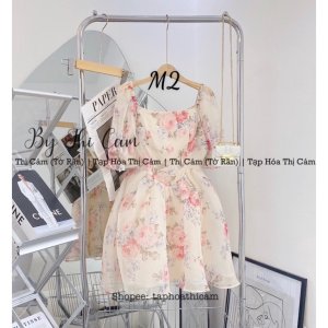 Váy hoa tiểu thư tay bồng cổ vuông phối hoa hồng-7