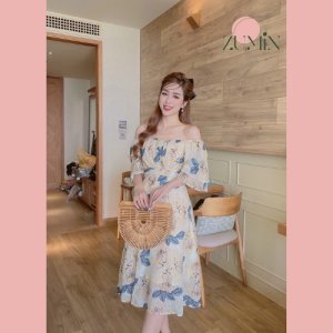Váy hoa thiết kế Zumin cổ vuông/trễ vai chất liệu vải voan tơ 2 lớp cao cấp, váy đi biển, maxi đi biển ZMS-VAY07-3