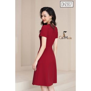 Đầm xòe công sở CITI MODE cao cấp tay ngắn đính hoa ngực-4