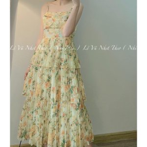 Váy 2 dây hóa nhí xòe tầng hoa vàng thời trang sang trọng TL2208-4