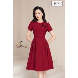 Đầm xòe công sở CITI MODE cao cấp tay ngắn đính hoa ngực-2