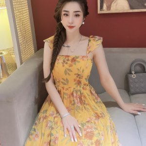 Váy hoa cổ vuông dáng xòe LAMINU thiết kế, đầm nữ dáng dài, voan 2 lớp đi biển, đi chơi-7