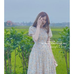 [Hàng thiết kế ] Váy voan hoa nhí vintage tay ngắn bồng xếp ly dài maxi ly ngực tiểu thư sang chảnh-5