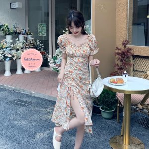 Đầm hoa nhí vintage xẻ tà cho nữ bánh bèo, váy tiểu thư bẹt vai rút dây phong cách ulzzang đi tiệc đi chơi siêu xinh-2