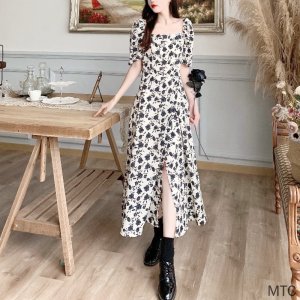 Đầm Đen Cổ Vuông Tay Phồng Xẻ Tà In Họa Tiết Hoa Phong Cách retro Pháp Thời Trang Xuân Hè Cho Nữ 2022-7