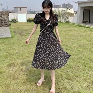 Đầm Dài Tay Phồng Cổ Chữ V In Họa Tiết Hoa Tươi Mới Phong Cách Hàn Quốc Dành Cho Nữ 2022 váy dài váy thời trang nữ-9