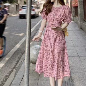 Váy tim ulzzang dáng dài cổ tròn voan tơ - Đầm hoa nhí Vintage Vaytimhong-3