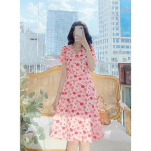 Váy đầm hoa hồng cổ vest hai màu xanh, hồng chất vải hoa xốp cao cấp 2 lớp đi chơi đi du lịch YAME-3