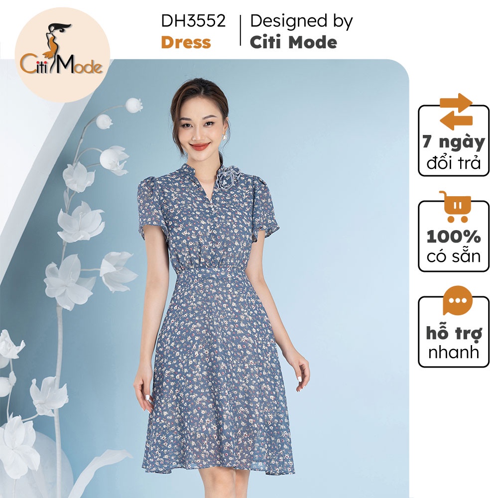 Đầm hoa nhí nữ tím đính hoa cổ CITI MODE chất vải cao cấp 2 lớp DH3552-1