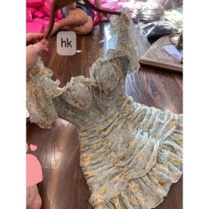 (Siêu Hót) Váy hoa cổ vuông rút dây buộc nhún tầng đuôi cá siêu xinh sẵn đệm ngực-5