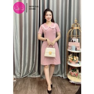 Váy hoa nhí công sở dáng A cổ trắng thanh lịch đính cúc ngọc chất liệu lụa mềm mại thiết kế Evalover-8