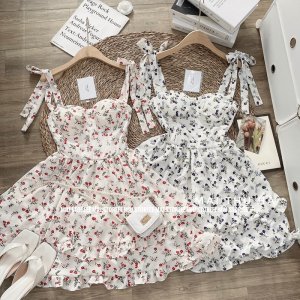 [ẢNH THẬT] VÁY HOA HAI DÂY CÚP NGỰC BUỘC NƠ VAI TẦNG XOÈ VH2SNT-7