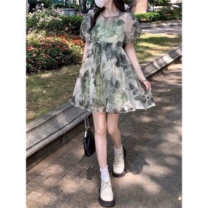 Váy hoa xanh thiết kế 2 lớp vải voan mềm-2