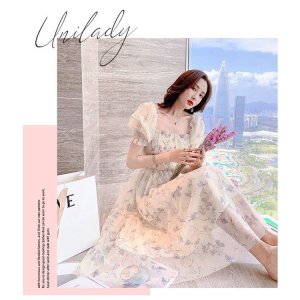 Pháp mực váy voan tay phồng tay áo eo thon gọn phụ nữ tính khí váy hoa-6