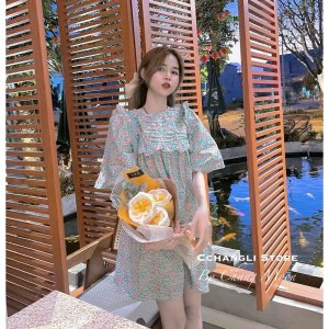 [ảnh thật-sẵn] Váy hoa nhí babydoll tay bồng xếp ly ngực-3