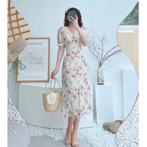 Váy hoa nhí dáng dài công sở cao cấp cổ đức eo nhấn đai cúc ngọc chất liệu mềm mịn 2 lớp thiết kế-2