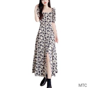 Đầm Đen Cổ Vuông Tay Phồng Xẻ Tà In Họa Tiết Hoa Phong Cách retro Pháp Thời Trang Xuân Hè Cho Nữ 2022-5