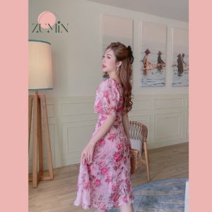 Váy hoa thiết kế Zumin cổ vuông/trễ vai chất liệu vải voan tơ 2 lớp cao cấp, váy đi biển, maxi đi biển ZMS-VAY07-4