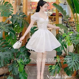 Váy xoè tay bồng hoạ tiết kẻ ô dáng công chúa dự tiệc cực xinh-7