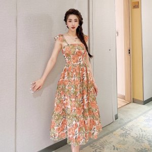 Váy hoa cổ vuông dáng xòe LAMINU thiết kế, đầm nữ dáng dài, voan 2 lớp đi biển, đi chơi-5