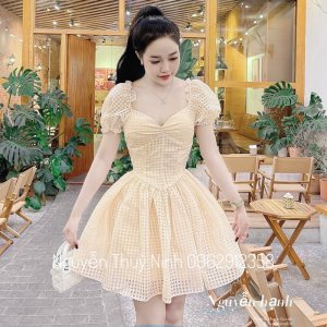 Váy xoè tay bồng hoạ tiết kẻ ô dáng công chúa dự tiệc cực xinh-3