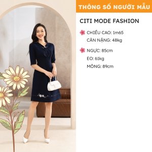 Đầm xòe công sở CITI MODE cao cấp tay ngắn đính hoa ngực-7