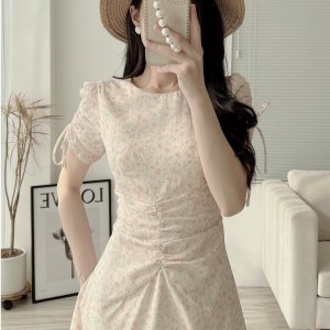 Váy hoa nhí 2 lớp nhún eo cổ tròn ngắn tay bóp eo hack dáng tôn da chất liệu tơ dệt thoáng mát thiết kế EvaLover-3