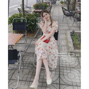 [Hàng thiết kế ] Váy voan hoa nhí vintage tay ngắn bồng xếp ly dài maxi ly ngực tiểu thư sang chảnh-9