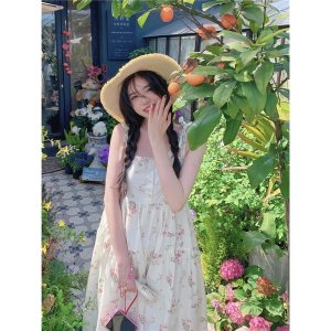 Váy dây 🌸 Đầm maxi dáng dài hoa nhí màu đỏ hồng in hình dáng xoè phong cách Hàn Quốc Ulzzang PHULA-5