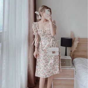 Đầm Hoa Dáng Xòe Thời Trang Mùa Hè Phong Cách Tay Ngắn Cổ Vuông Thanh Lịch Cho Nữ-2