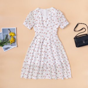 Váy hoa nhí tay ngắn cổ bẻ sơ mi đính cúc ngọc chất liệu lụa tuyết dáng xòe tôn dáng Evaclothes-6