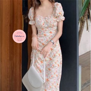 Đầm hoa nhí vintage xẻ tà cho nữ bánh bèo, váy tiểu thư bẹt vai rút dây phong cách ulzzang đi tiệc đi chơi siêu xinh-4