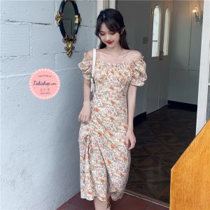 Đầm hoa nhí vintage xẻ tà cho nữ bánh bèo, váy tiểu thư bẹt vai rút dây phong cách ulzzang đi tiệc đi chơi siêu xinh-6