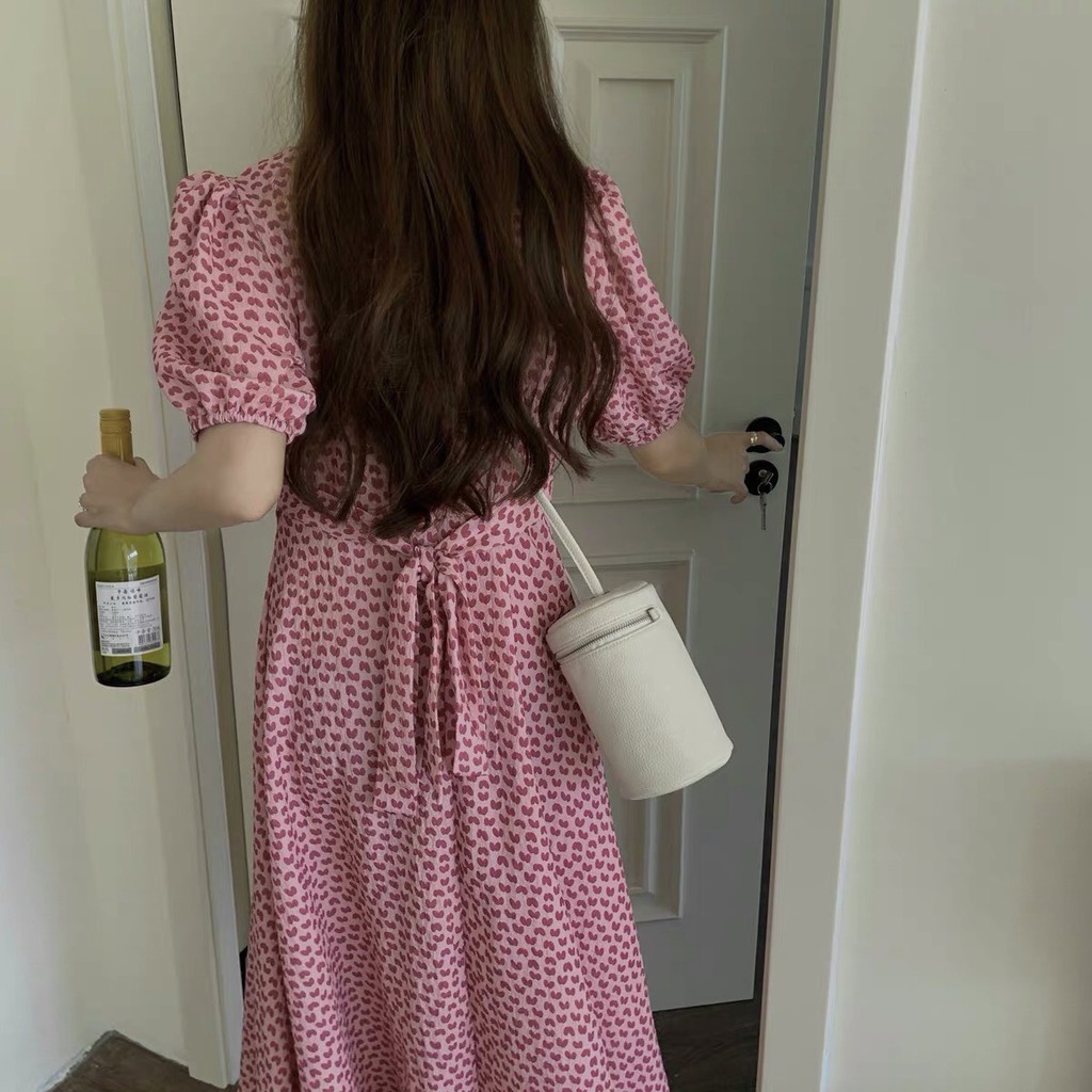 Váy tim ulzzang dáng dài cổ tròn voan tơ - Đầm hoa nhí Vintage Vaytimhong-7