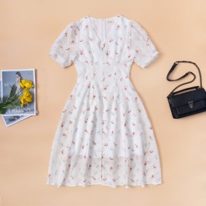 Váy hoa nhí tay ngắn cổ bẻ sơ mi đính cúc ngọc chất liệu lụa tuyết dáng xòe tôn dáng Evaclothes-7