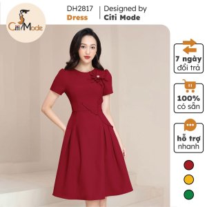 Đầm xòe công sở CITI MODE cao cấp tay ngắn đính hoa ngực-1
