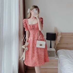 Đầm Hoa Dáng Xòe Thời Trang Mùa Hè Phong Cách Tay Ngắn Cổ Vuông Thanh Lịch Cho Nữ-3