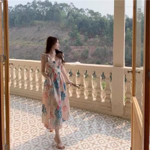 A909- VÁY NỮ HOA XANH 2 DÂY BUỘC VAI-6